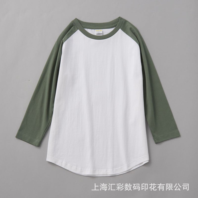 230G Raglan Seven-Point Sleeve T-Shirt Cotton Khaji Retro Oblique Shoulder Color Matching Curved Hem Two Needle Oversize - Image 1